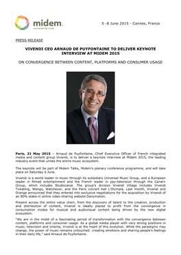 Vivendi Ceo Arnaud De Puyfontaine to Deliver Keynote Interview at Midem 2015