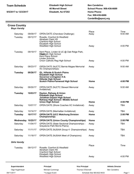 Team Schedule Cross Country