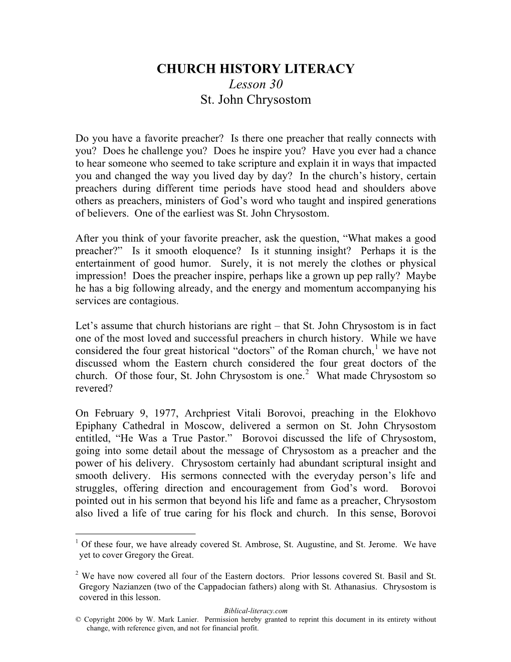 CHURCH HISTORY LITERACY Lesson 30 St. John Chrysostom