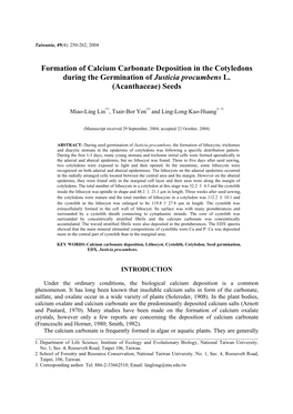Formation of Calcium Carbonate Deposition in the Cotyledons During the Germination of Justicia Procumbens L. (Acanthaceae) Seeds