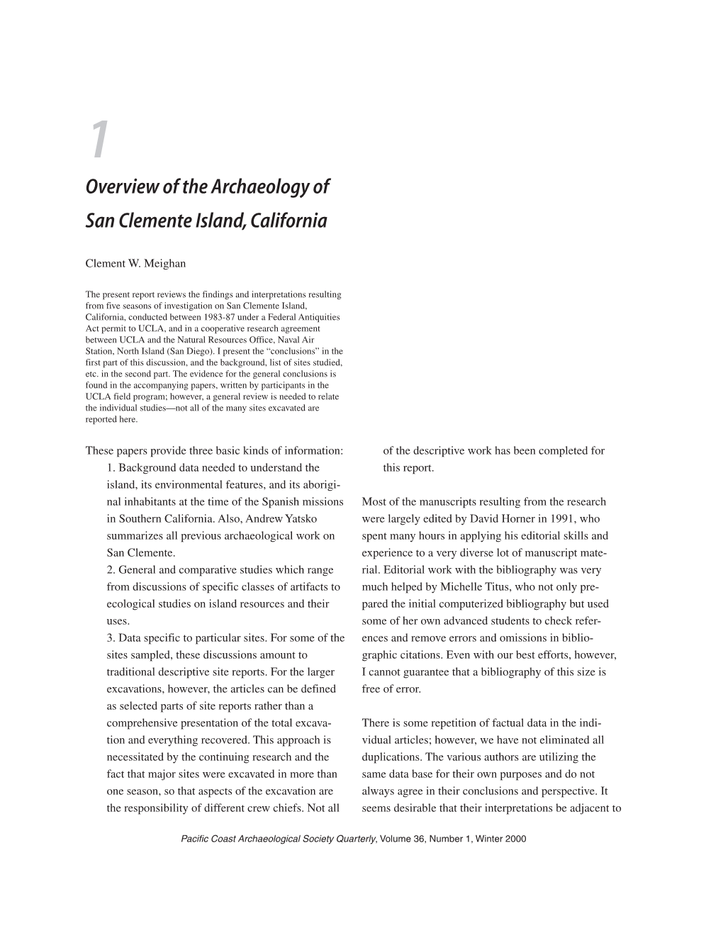Overview of the Archaeology of San Clemente Island, California