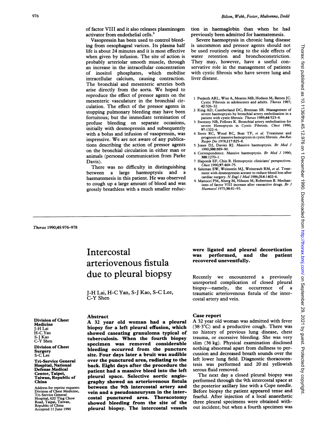 Intercostal Was Performed, and the Patient Arteriovenous Fistula Recovered Uneventfully