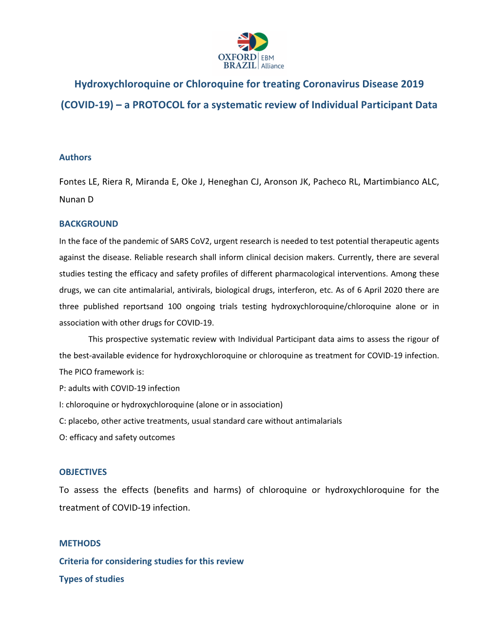 Hydroxychloroquine Or Chloroquine for Treating Coronavirus Disease 2019 (COVID-19) – a PROTOCOL for a Systematic Review of Individual Participant Data