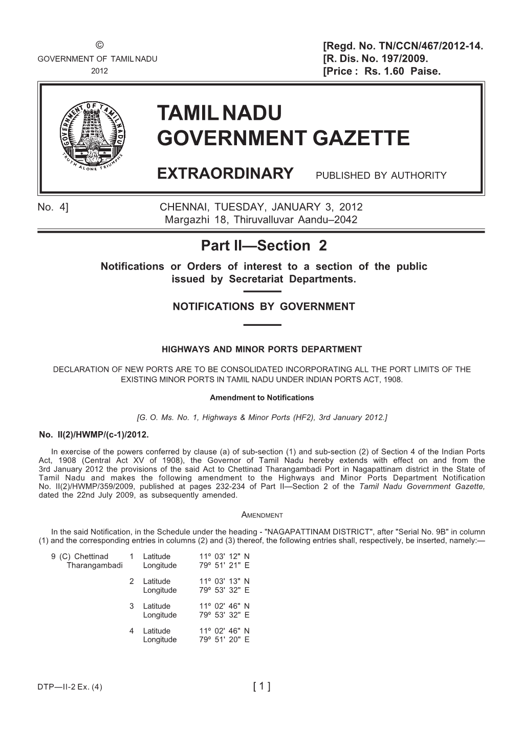 Tamil Nadu Government Gazette Extraordinary