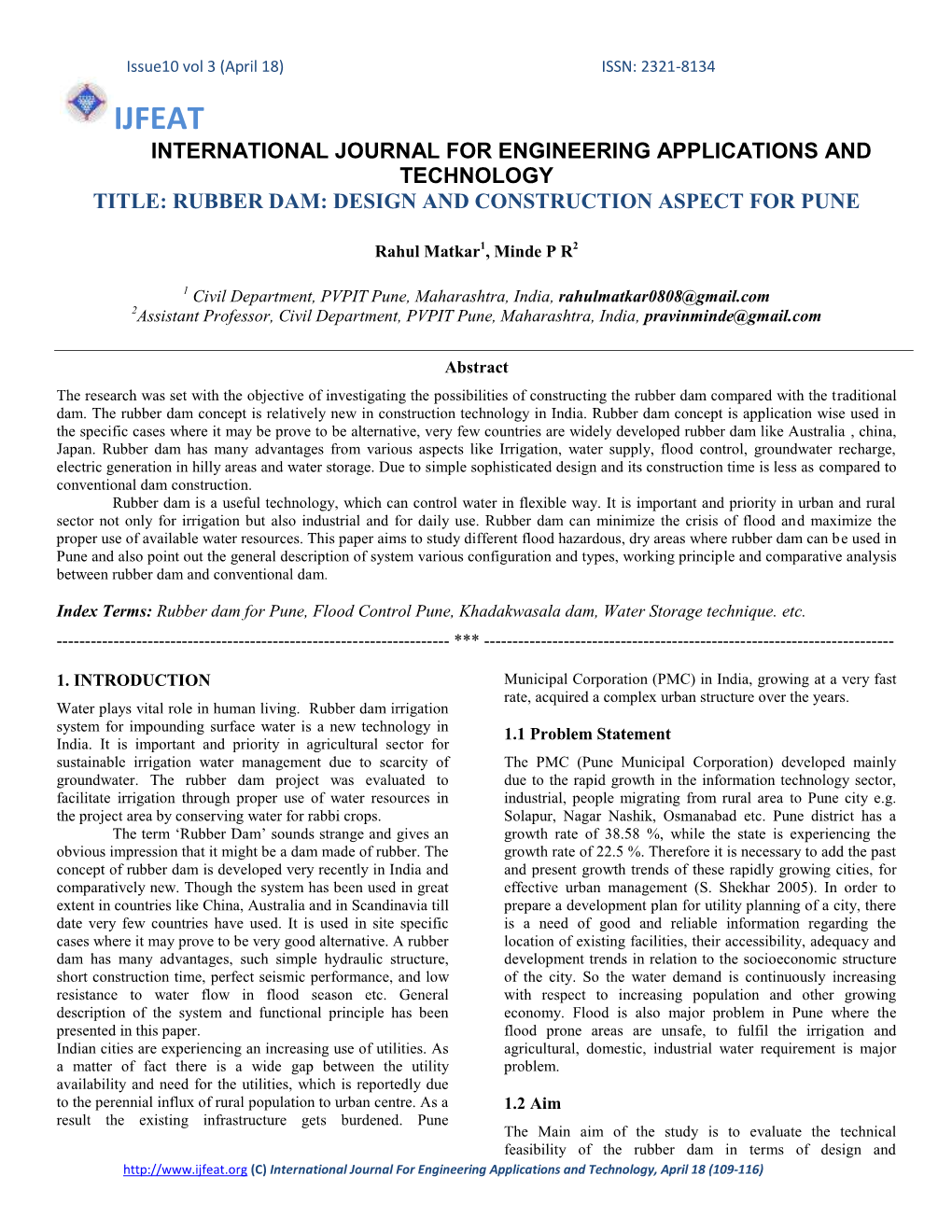 Ijfeat International Journal for Engineering Applications and Technology Title: Rubber Dam: Design and Construction Aspect for Pune