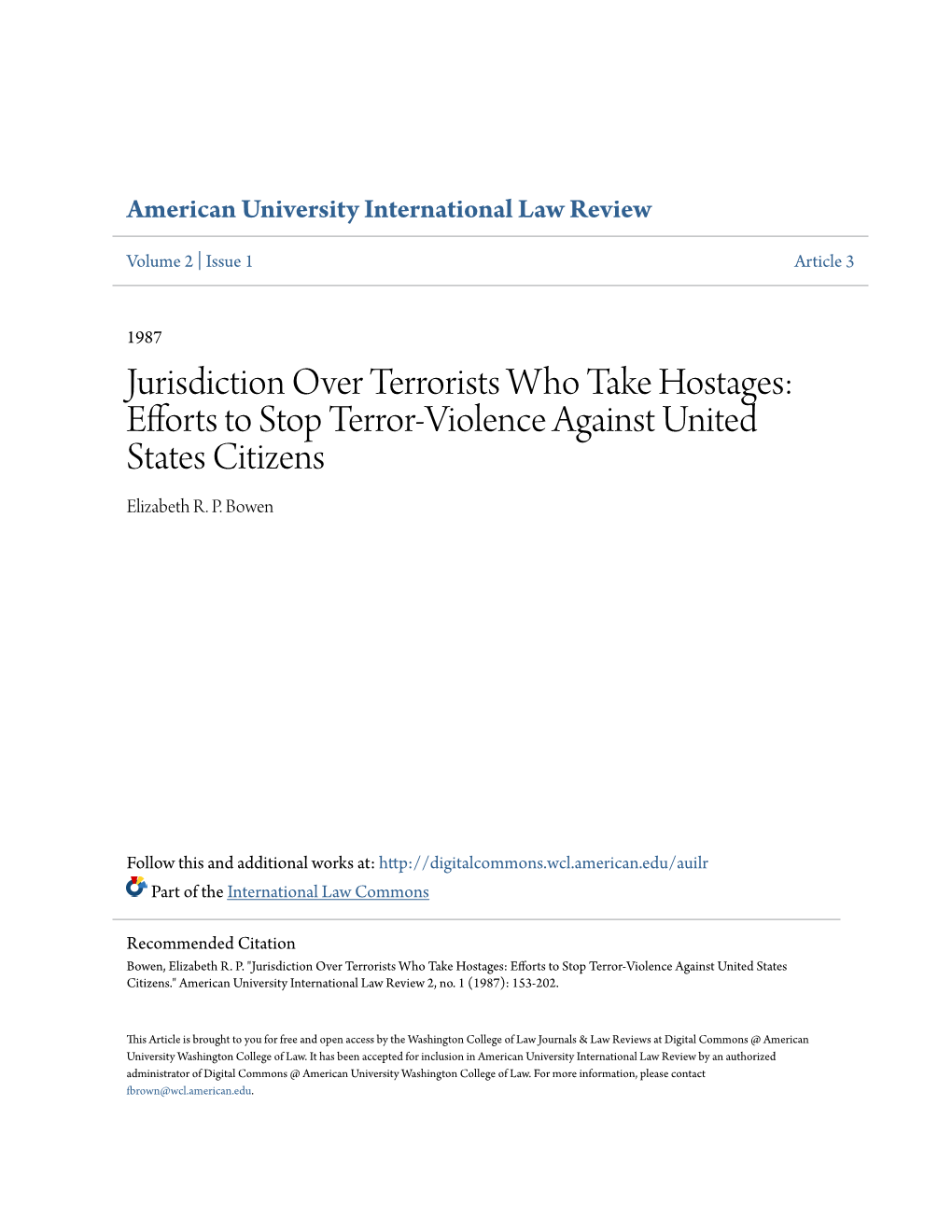 Jurisdiction Over Terrorists Who Take Hostages: Efforts to Stop Terror-Violence Against United States Citizens Elizabeth R