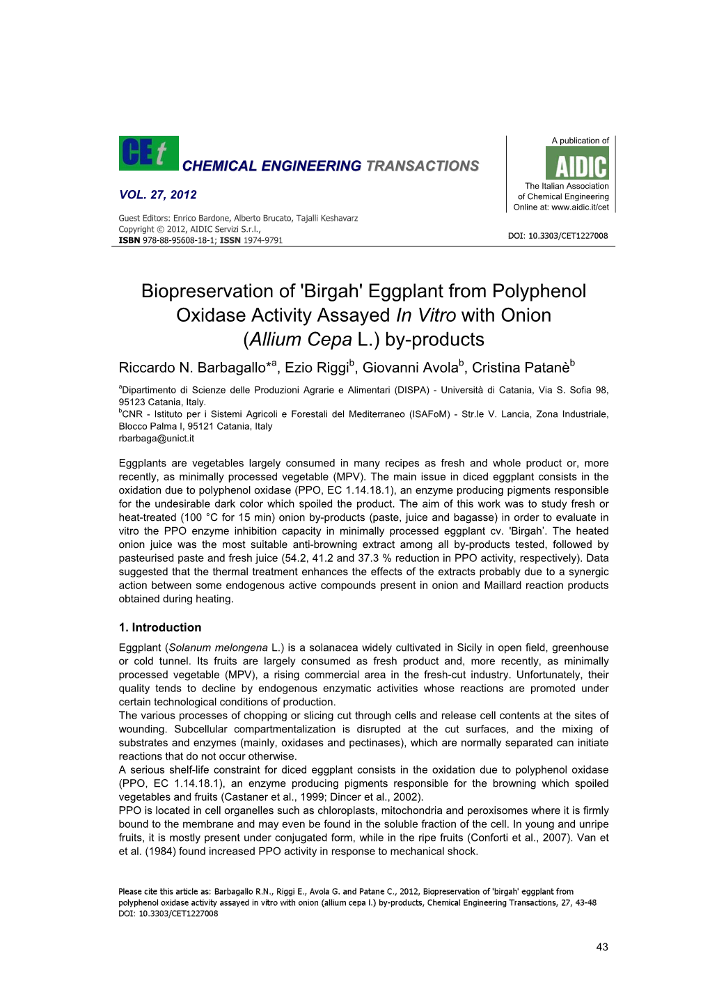 Biopreservation of 'Birgah' Eggplant from Polyphenol Oxidase Activity Assayed in Vitro with Onion (Allium Cepa L.) By-Products Riccardo N