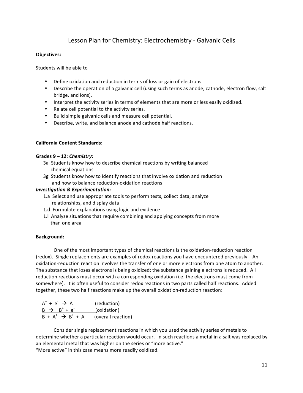 Lesson Plan for Chemistry Electrochemistry ‐ Galvanic Cells DocsLib