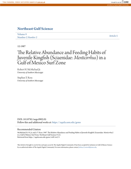 The Relative Abundance and Feeding Habits of Juvenile Kingfish (Sciaenidae: Menticirrhus) in a Gulf of Mexico Surf Zone Robert H