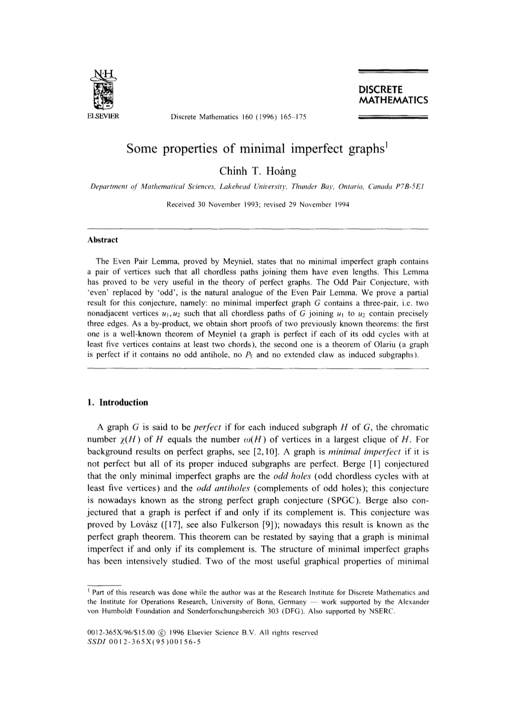 Some Properties of Minimal Imperfect Graphs L Chinh T