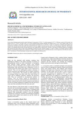 PHYSICO-CHEMICAL and MICROBIAL STUDIES of LANNEA GUM Lohithasu Duppala *, Hema Naga Durga D, K.V