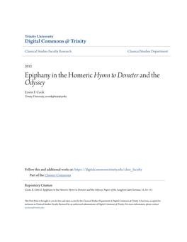 Epiphany in the Homeric Hymn to Demeter and the Odyssey Erwin F