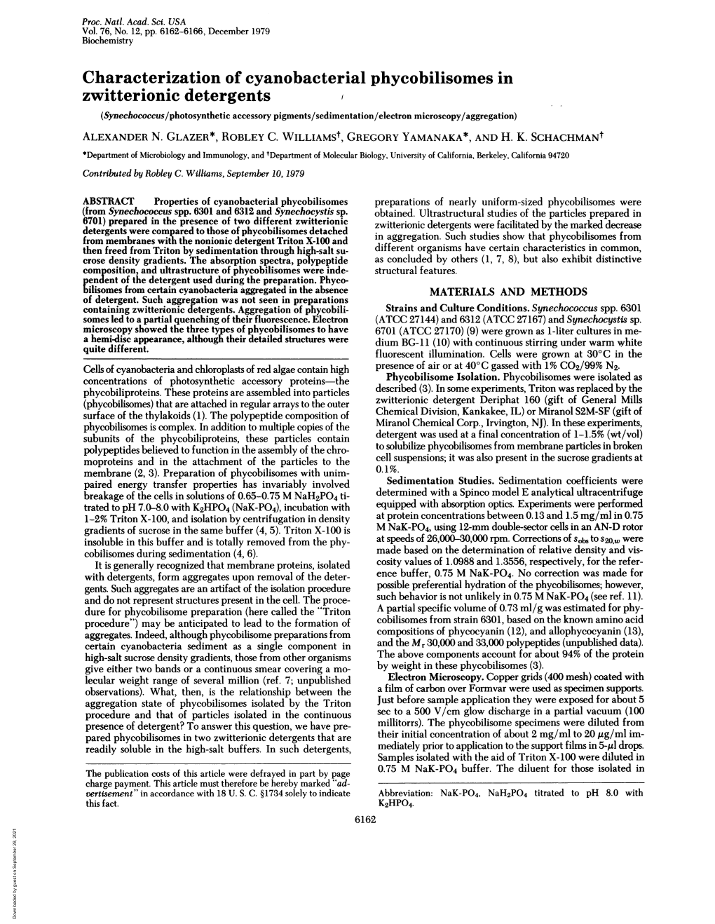 Characterization of Cyanobacterial Phycobilisomes in Zwitterionic