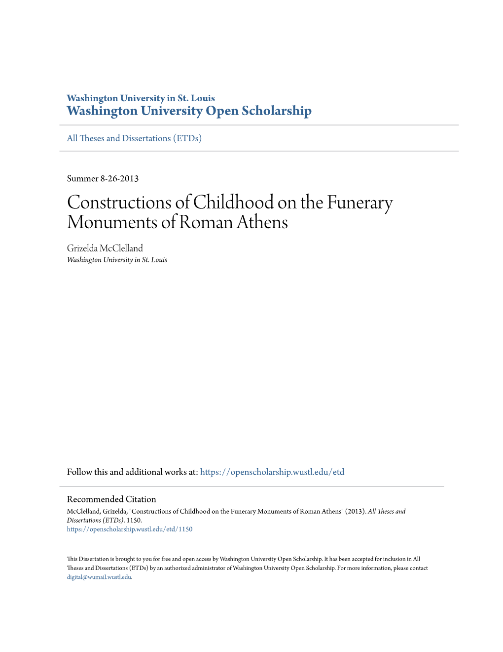 Constructions of Childhood on the Funerary Monuments of Roman Athens Grizelda Mcclelland Washington University in St