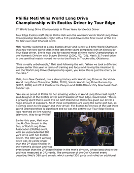 Phillis Meti Wins World Long Drive Championship with Exotics Driver by Tour Edge