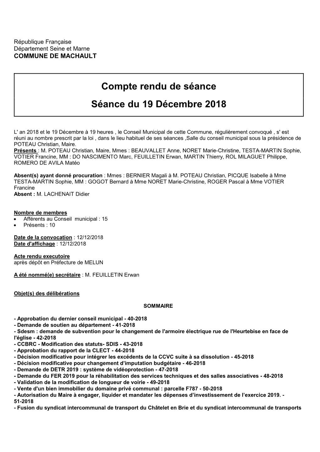 Compte Rendu De Séance Séance Du 19 Décembre 2018