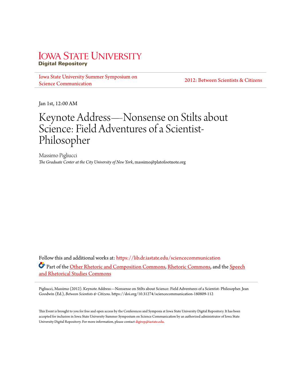 Philosopher Massimo Pigliucci the Graduate Center at the City University of New York, Massimo@Platofootnote.Org