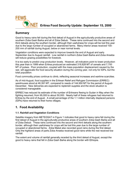 Summary 1. Food Availability Eritrea Food Security Update: September