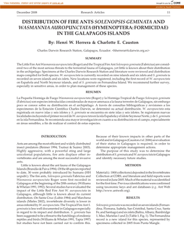 Distribution of Fire Ants Solenopsis Geminata and Wasmannia Auropunctata (Hymenoptera: Formicidae) in the Galapagos Islands