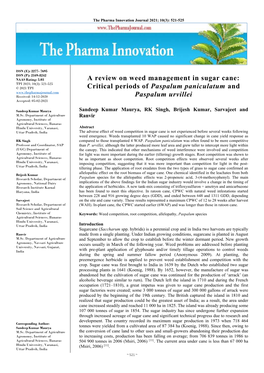 A Review on Weed Management in Sugar Cane: Critical Periods Of