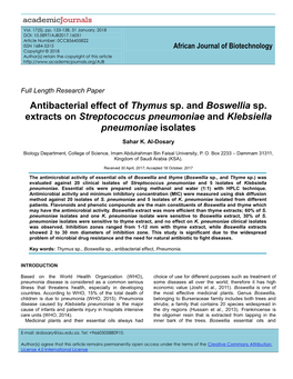 Antibacterial Effect of Thymus Sp. and Boswellia Sp. Extracts on Streptococcus Pneumoniae and Klebsiella Pneumoniae Isolates