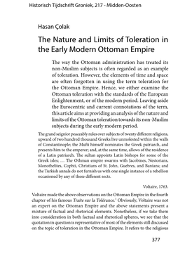 The Nature and Limits of Toleration in the Early Modern Ottoman Empire