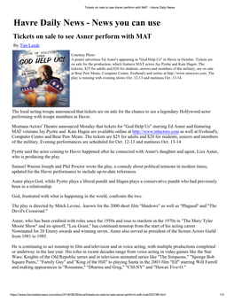 Havre Daily News Havre Daily News - News You Can Use Tickets on Sale to See Asner Perform with MAT by Tim Leeds