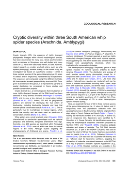 Cryptic Diversity Within Three South American Whip Spider Species (Arachnida, Amblypygi)