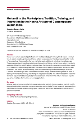 Mehandi in the Marketplace: Tradition, Training, and Innovation in the Henna Artistry of Contemporary Jaipur, India