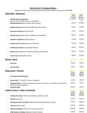 Sofrito's Catering Menu Please Print This Menu, Check Selections, and Email Request Or Fax to 212-754-5959