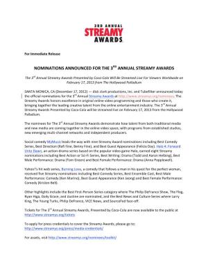 Nominations Announced for the 3Rd Annual Streamy Awards
