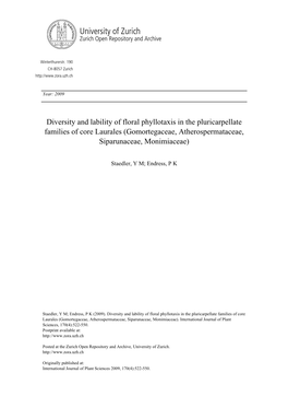 Diversity and Lability of Floral Phyllotaxis in the Pluricarpellate Families of Core Laurales (Gomortegaceae, Atherospermataceae, Siparunaceae, Monimiaceae)