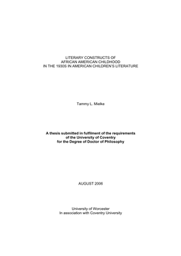 Literary Constructs of African American Childhood in the 1930S in American Children’S Literature