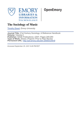 The Sociology of Music Timothy Dowd, Emory University