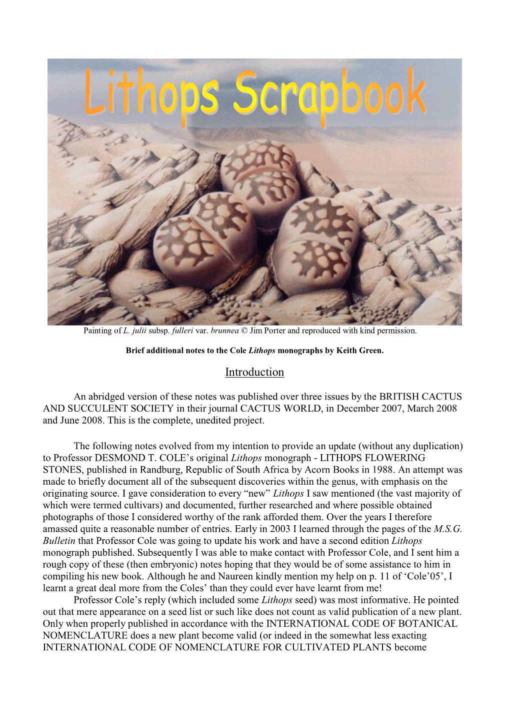 Lithops Scrapbook: Part 1’, Comment on ‘Data on Lithops Cultivar Names’, Cactus World, Formosa, V