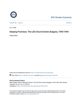 Keeping Promises: the LDS Church Enters Bulgaria, 1990-1994