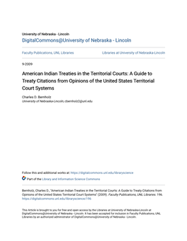 American Indian Treaties in the Territorial Courts: a Guide to Treaty Citations from Opinions of the United States Territorial Court Systems