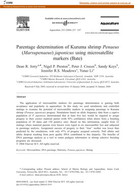 Parentage Determination of Kuruma Shrimp Penaeus (Marsupenaeus) Japonicus Using Microsatellite Markers (Bate)
