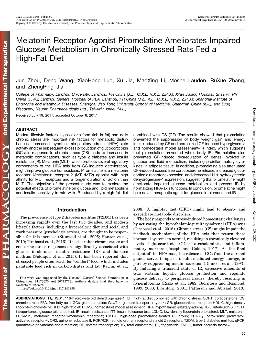 Melatonin Receptor Agonist Piromelatine Ameliorates Impaired Glucose Metabolism in Chronically Stressed Rats Fed a High-Fat Diet