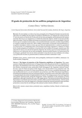 El Grado De Protección De Los Anfibios Patagónicos De Argentina