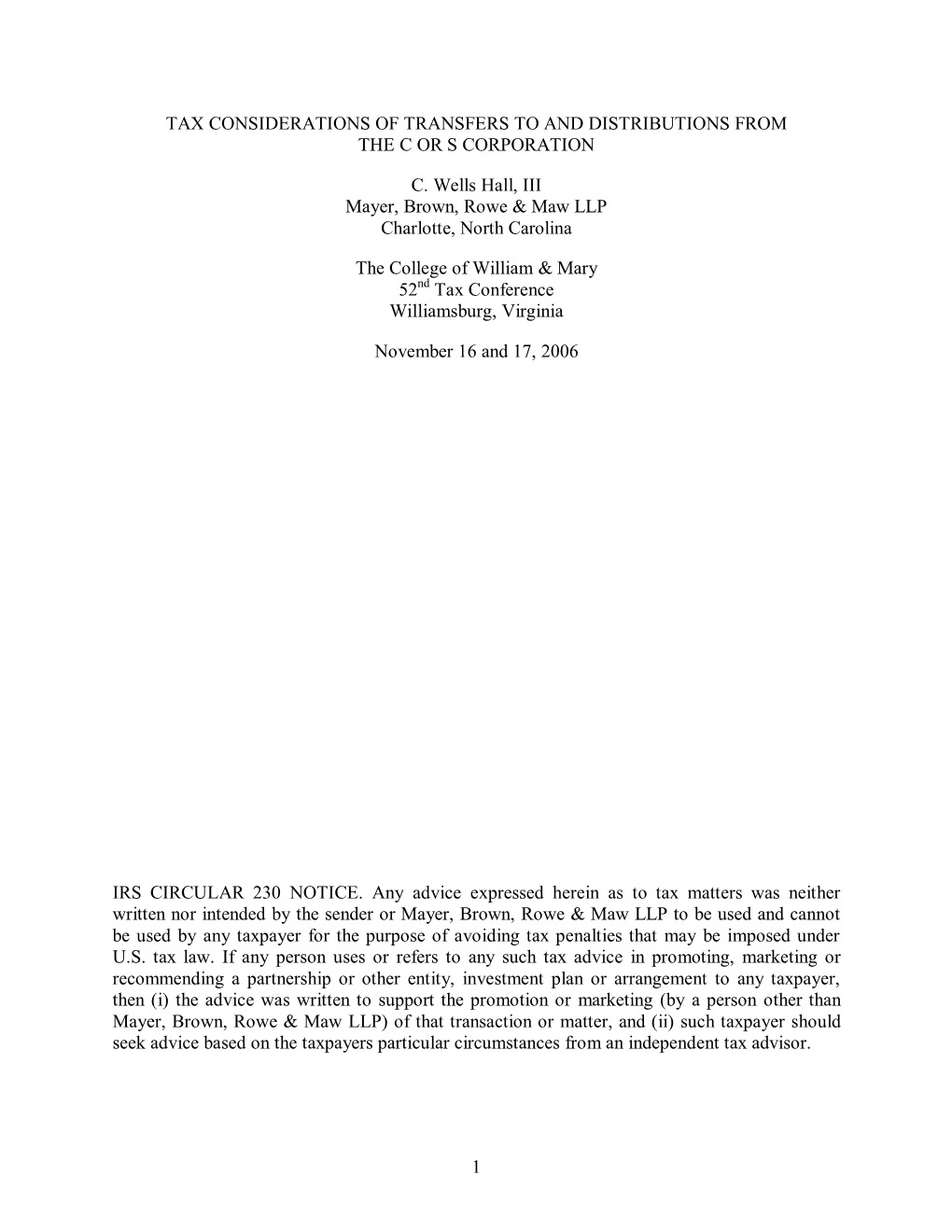 Tax Considerations of Transfers to and Distributions from the C Or S Corporation