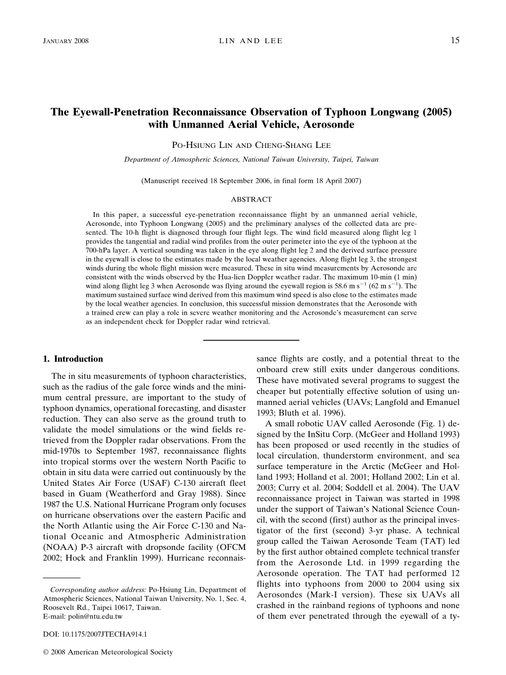 The Eyewall-Penetration Reconnaissance Observation of Typhoon Longwang (2005) with Unmanned Aerial Vehicle, Aerosonde