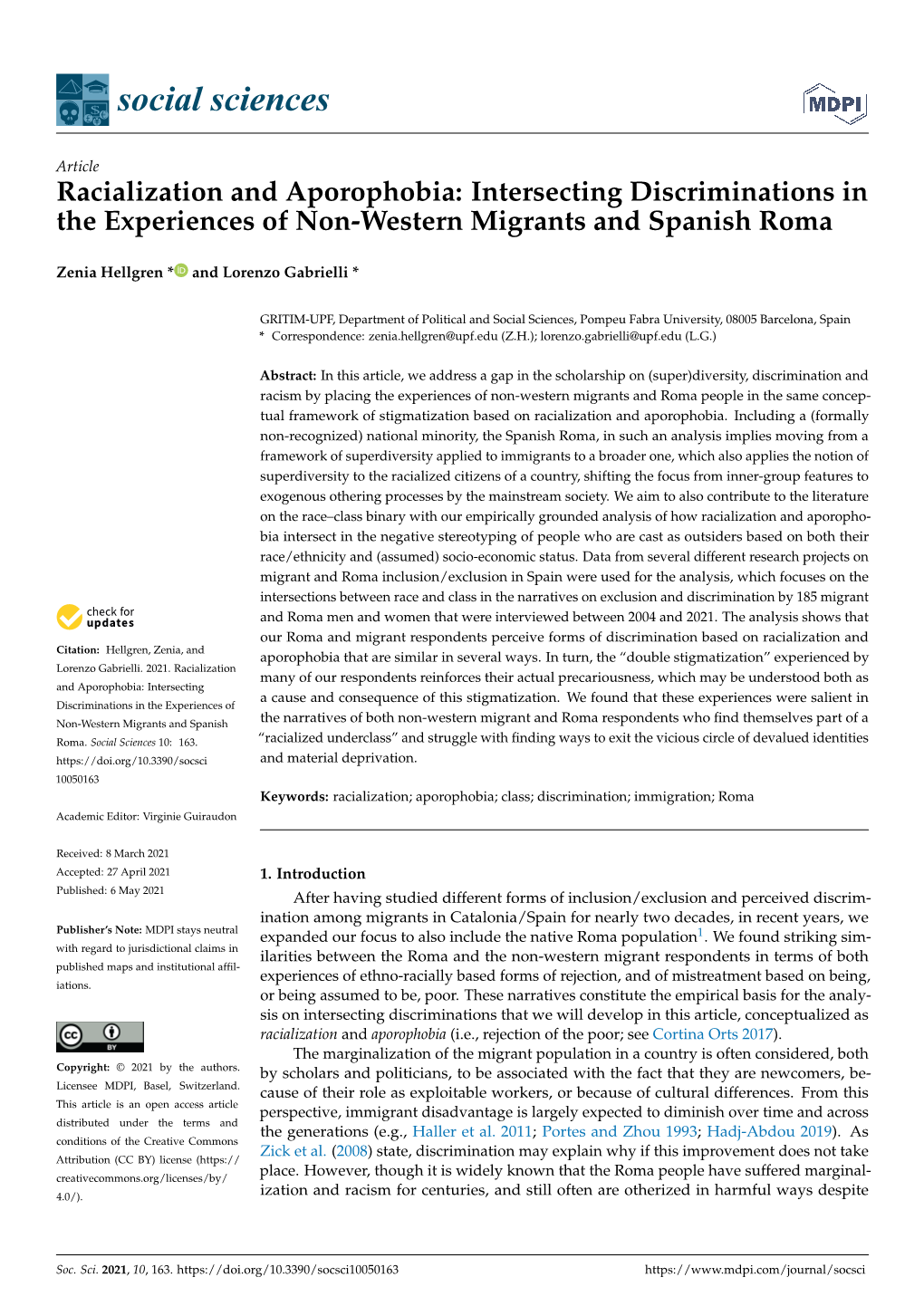 Racialization and Aporophobia: Intersecting Discriminations in the Experiences of Non-Western Migrants and Spanish Roma