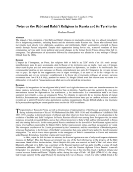 Notes on the Bábí and Bahá'í Religions in Russia and Its Territories
