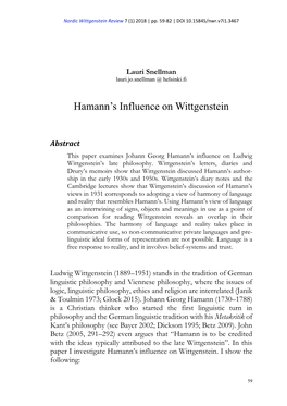 Hamann's Influence on Wittgenstein