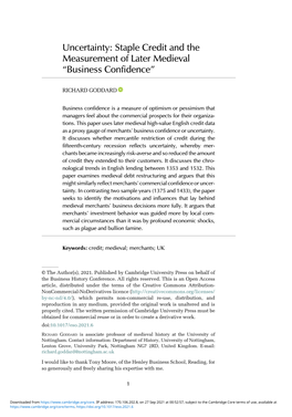 Uncertainty: Staple Credit and the Measurement of Later Medieval “Business Confidence”