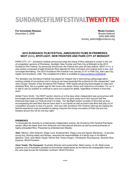 2010 Sundance Film Festival Announces