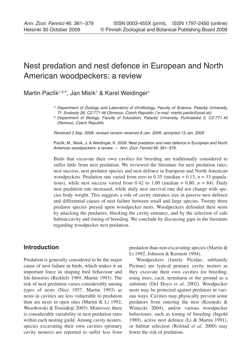 Nest Predation and Nest Defence in European and North American Woodpeckers: a Review