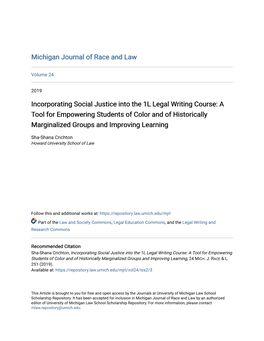 Incorporating Social Justice Into the 1L Legal Writing Course: a Tool for Empowering Students of Color and of Historically Marginalized Groups and Improving Learning