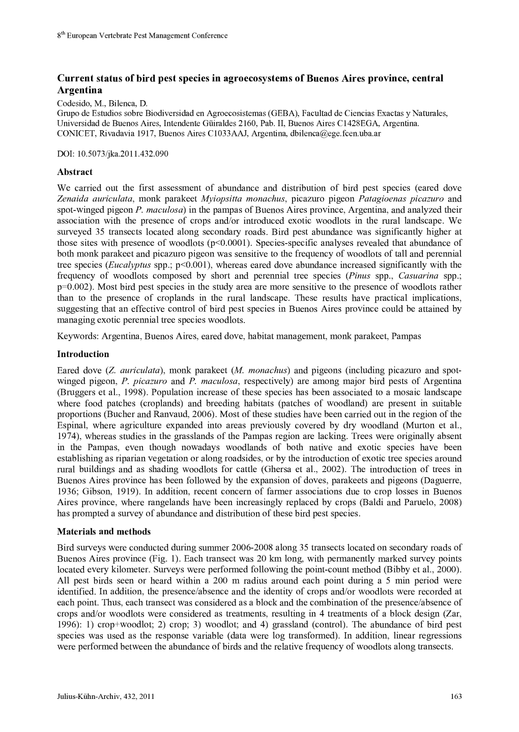 Current Status of Bird Pest Species in Agroecosystems of Buenos Aires Province, Central Argentina Codesido, M., Bilenca, D